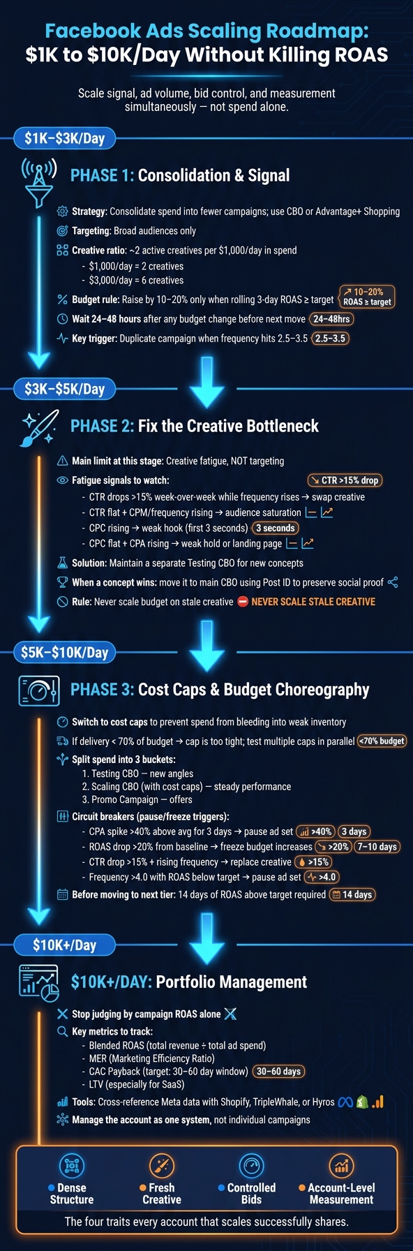 Facebook Ads Scaling Roadmap: $1K to $10K/Day Without Killing ROAS