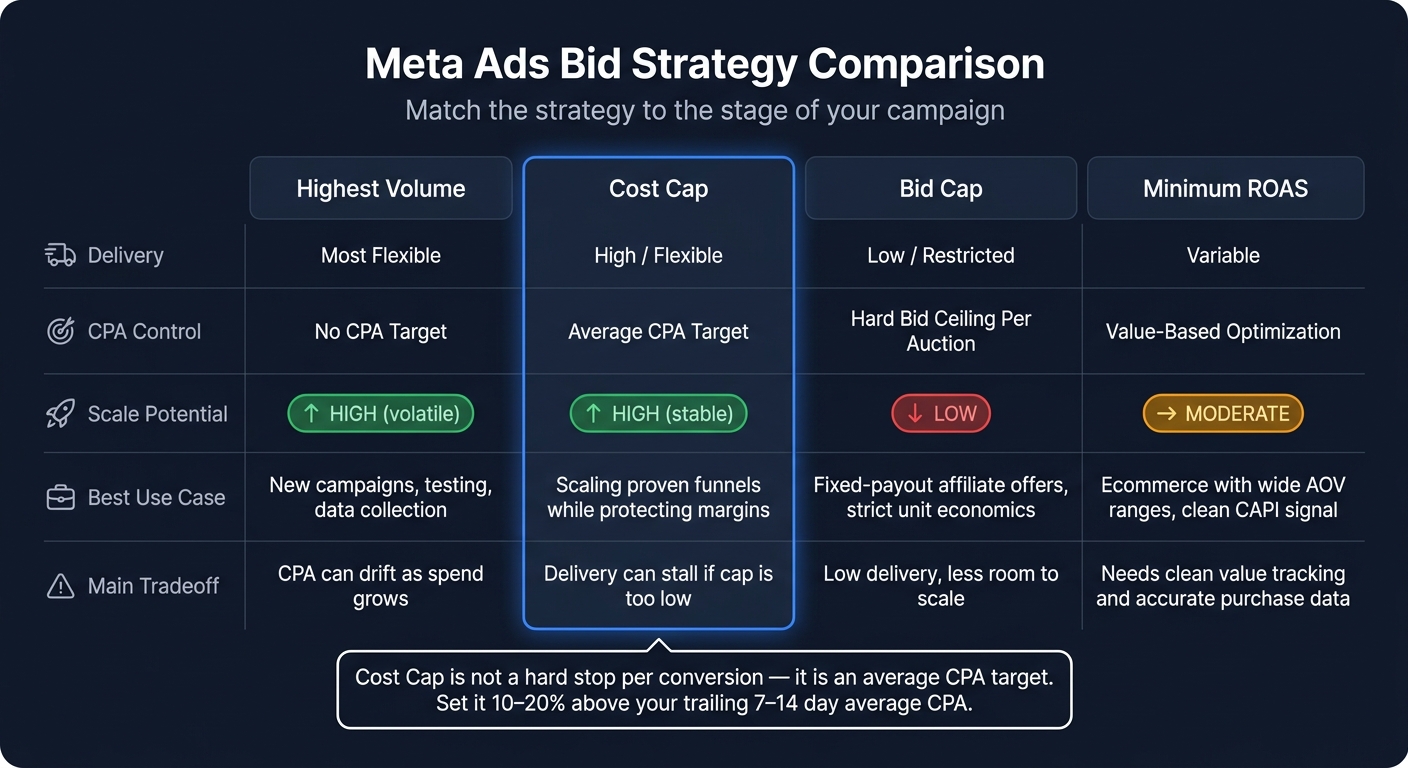 Meta Ads Bid Strategy Comparison: Cost Cap vs Highest Volume vs Bid Cap vs Minimum ROAS