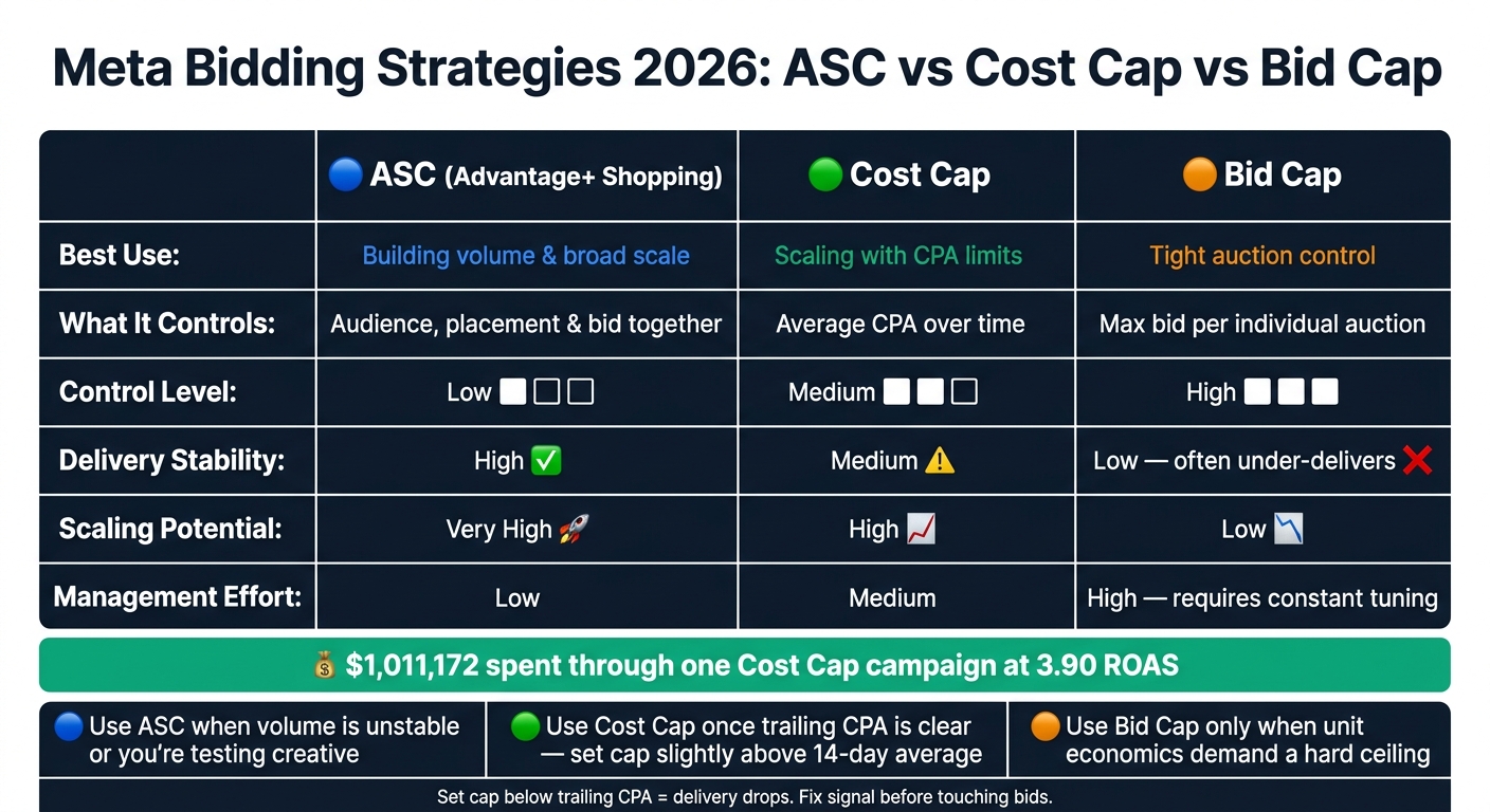 Meta Bidding Strategies 2026: ASC vs Cost Cap vs Bid Cap